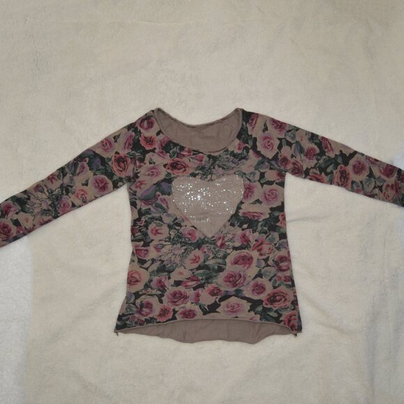 Made in Italy sweatshirt, neutral toned with rose print and sequin heart M - Picture 2 of 16